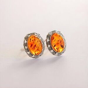 Baltic Amber Oval Clip On Earrings - Sterling Silver